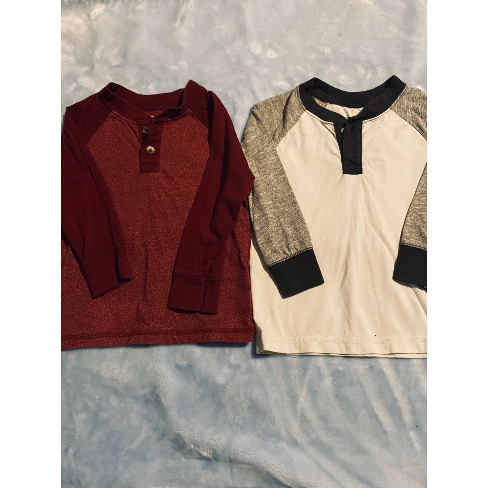 Cherokee Toddler Boys 2T Raglan Henley Long Sleeve Shirts Red Grey Cream lot of2